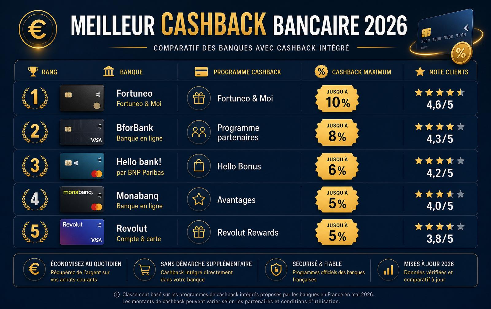 Infographie comparative des meilleurs sites de cashback 2026 : iGraal, Poulpeo, eBuyClub, Widilo, Revolut