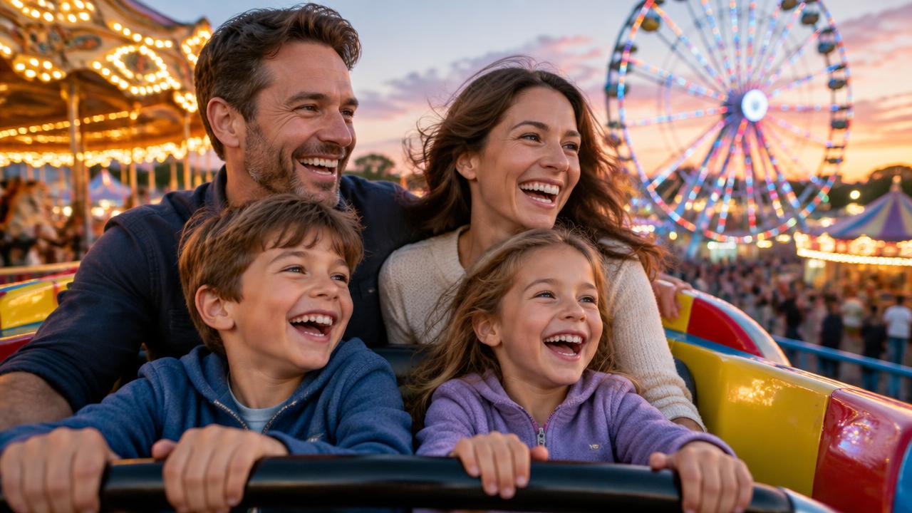 Famille souriante sur un manège dans un parc d'attractions au coucher du soleil