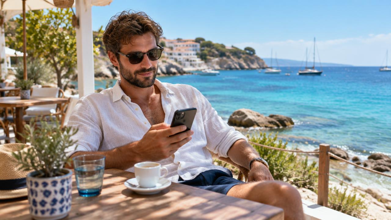 Voyageur consultant son smartphone en terrasse face à la mer